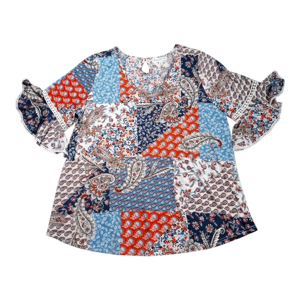 STEM & VINE PATCHWORK FLORAL 3/4 CROCHET DETAIL BELL SLEEVE TOP PLUS SIZE 2X